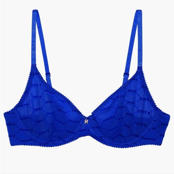 NWT Savage X Fenty Flocked Logo Mesh Unlined Underwire Bra 32B Blue - Picture 1 of 9